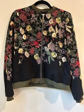 Black Floral Bomber Jacket with Olive Trim